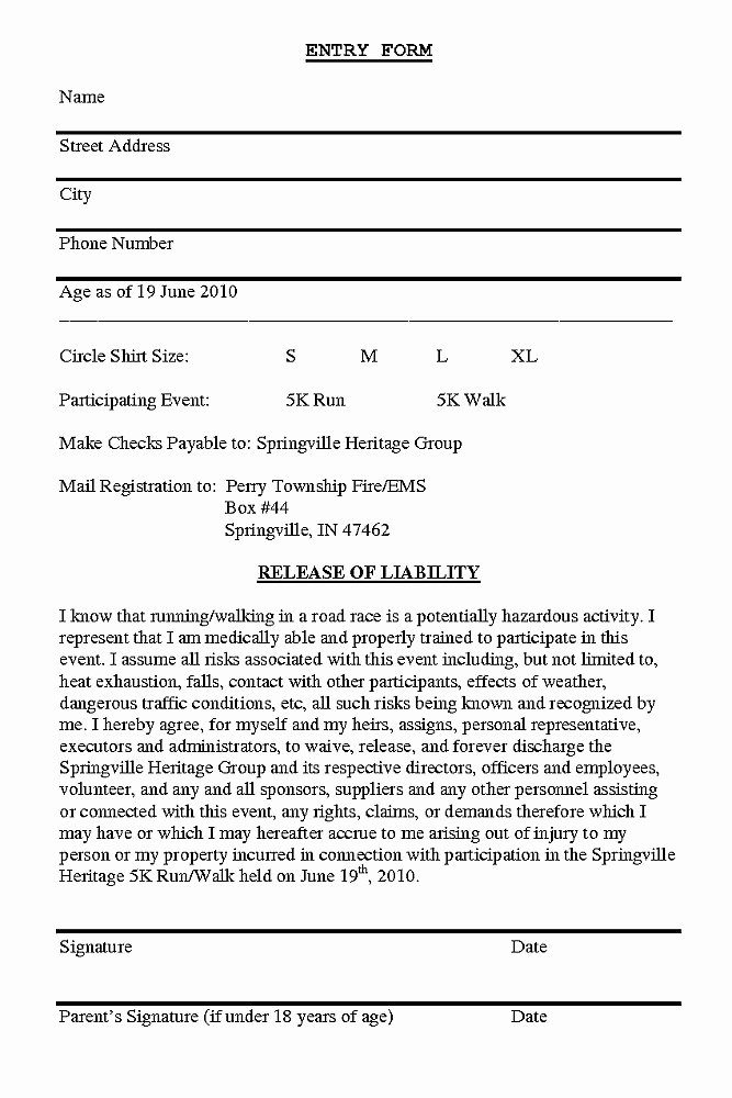 5k Race Registration form Template Lovely 2010 Springville Heritage Festival 5k Run Walk