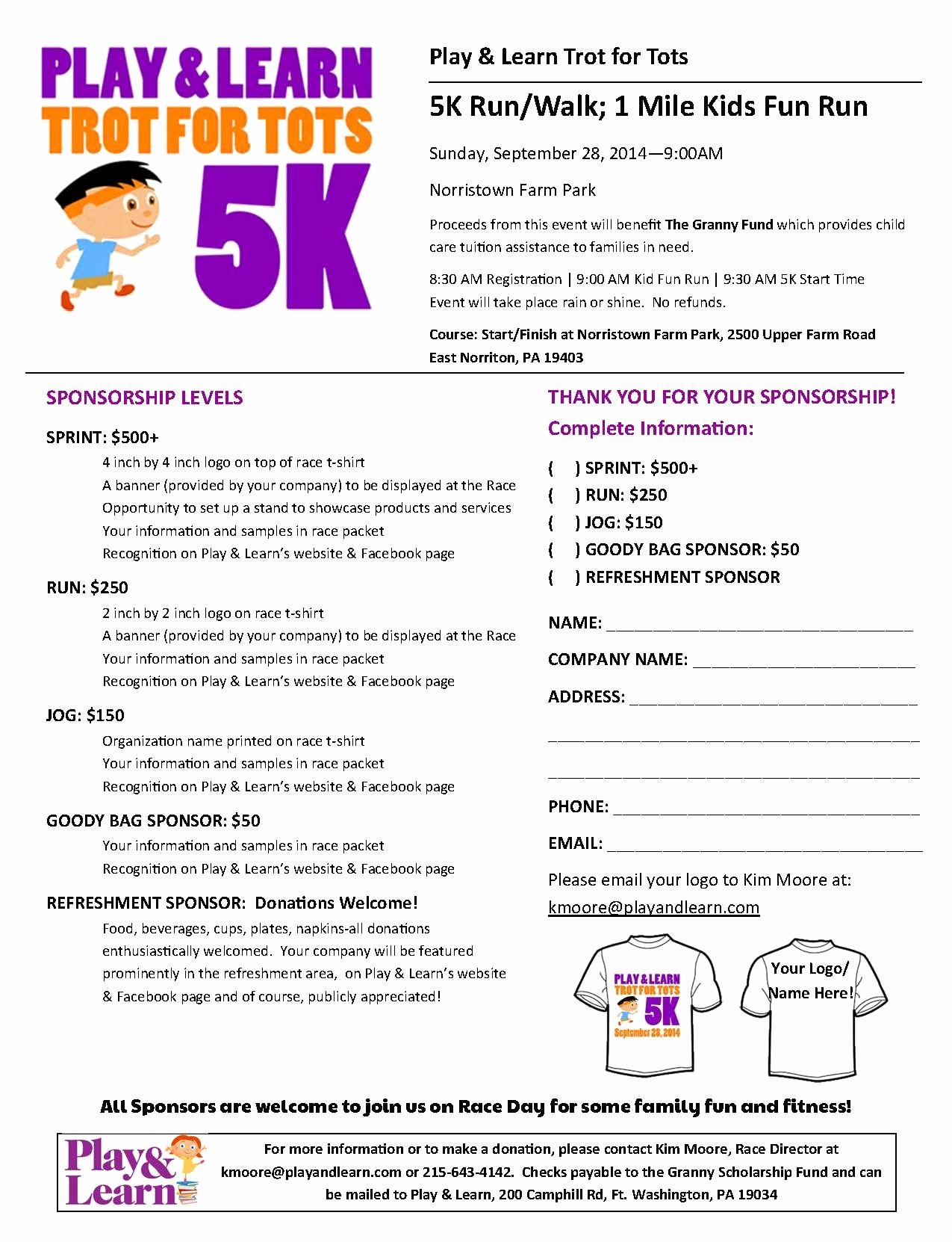 5k Race Registration form Template New Sponsor form for Play &amp; Learns 5k and Kids Fun Run Race