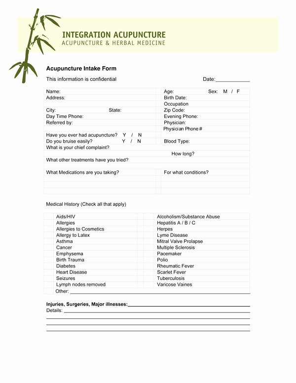 Acupuncture Intake form Template Beautiful Acupuncture Intake