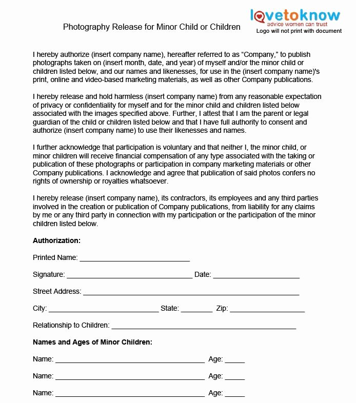 Artwork Release form Template Lovely Release Minor Child or Children