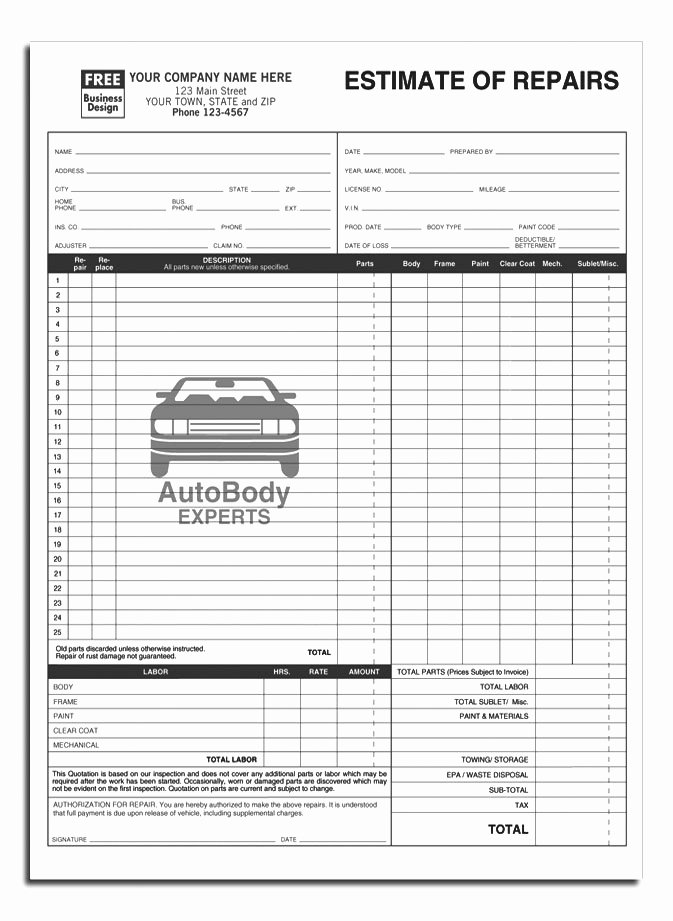 Auto Repair form Template Awesome Auto Work order Template