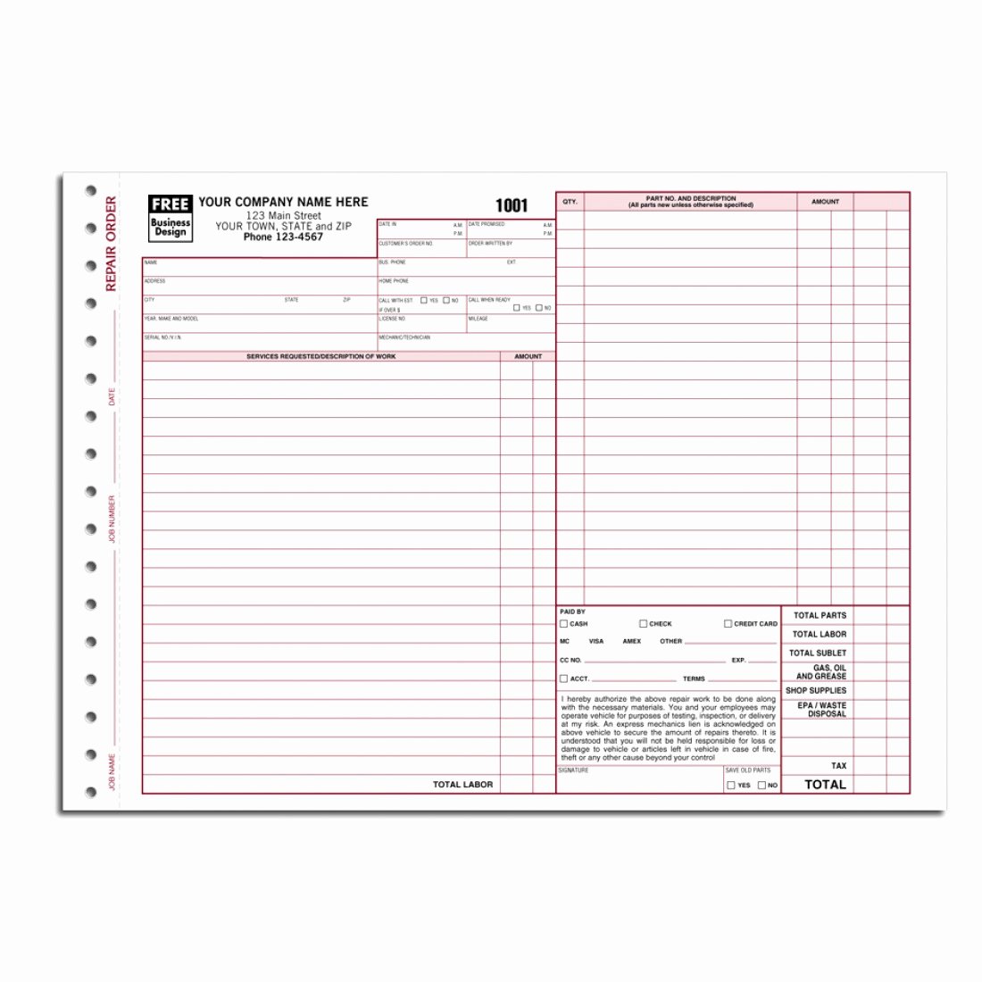 Auto Repair form Template Awesome Carbon Copy Auto Repair order forms
