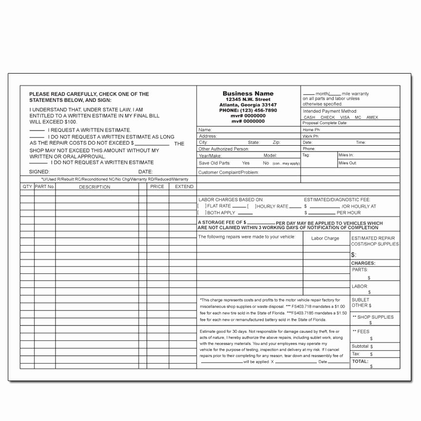 714 auto electric repair invoice form