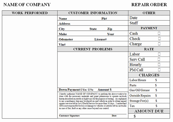 Auto Repair form Template Beautiful Simple Auto Repair Work order