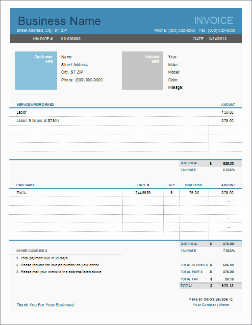 Auto Repair form Template Inspirational Auto Repair Invoice Template for Excel