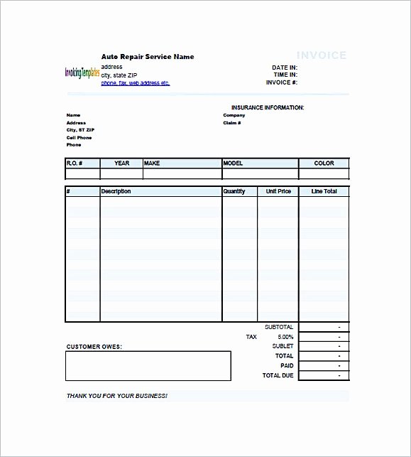 Auto Repair form Template Lovely Auto Repair Invoice Template