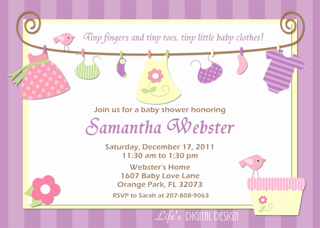 Baby Girl Invitation Template Awesome Baby Shower Invitation Baby Clothes Purple Pink and Yellow