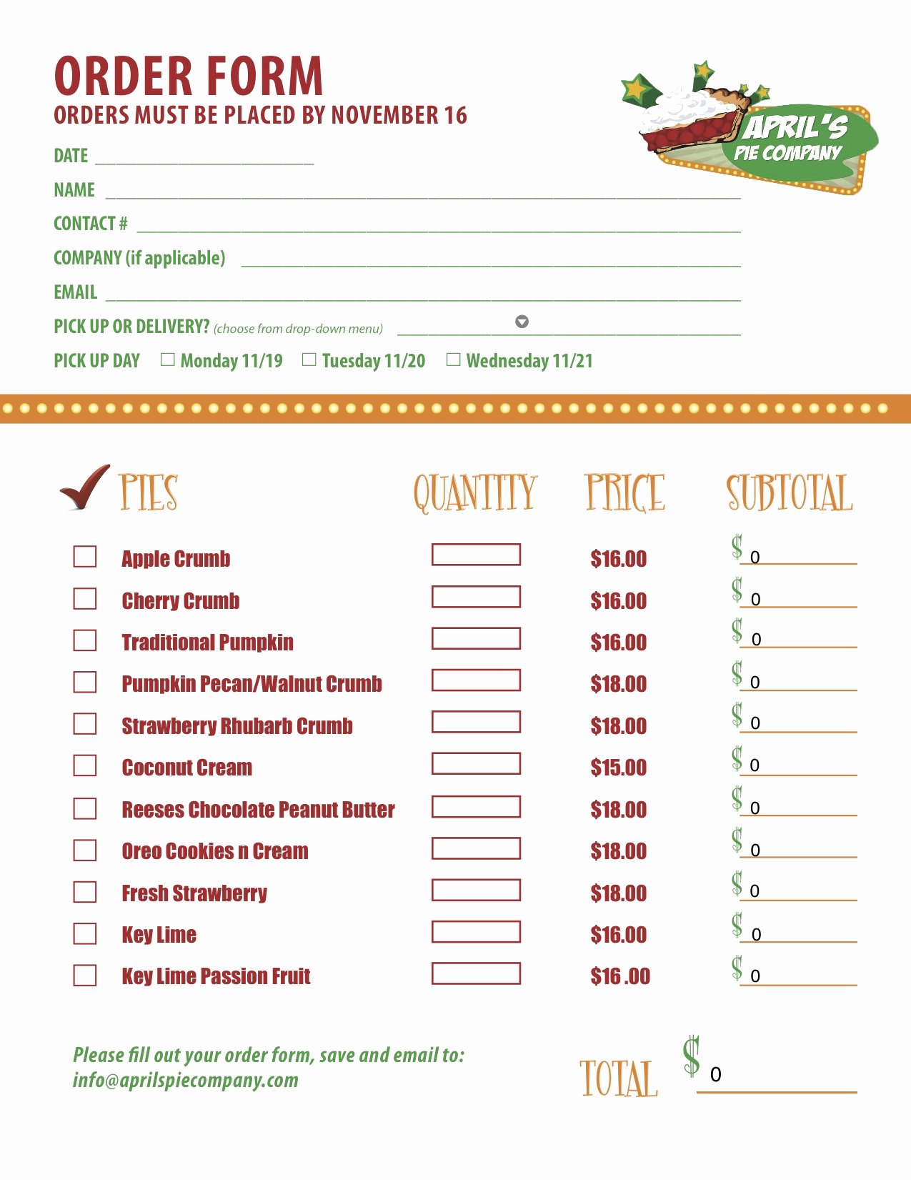 Bakery order form Template Free Luxury Delicious Media for April’s Pie Pany