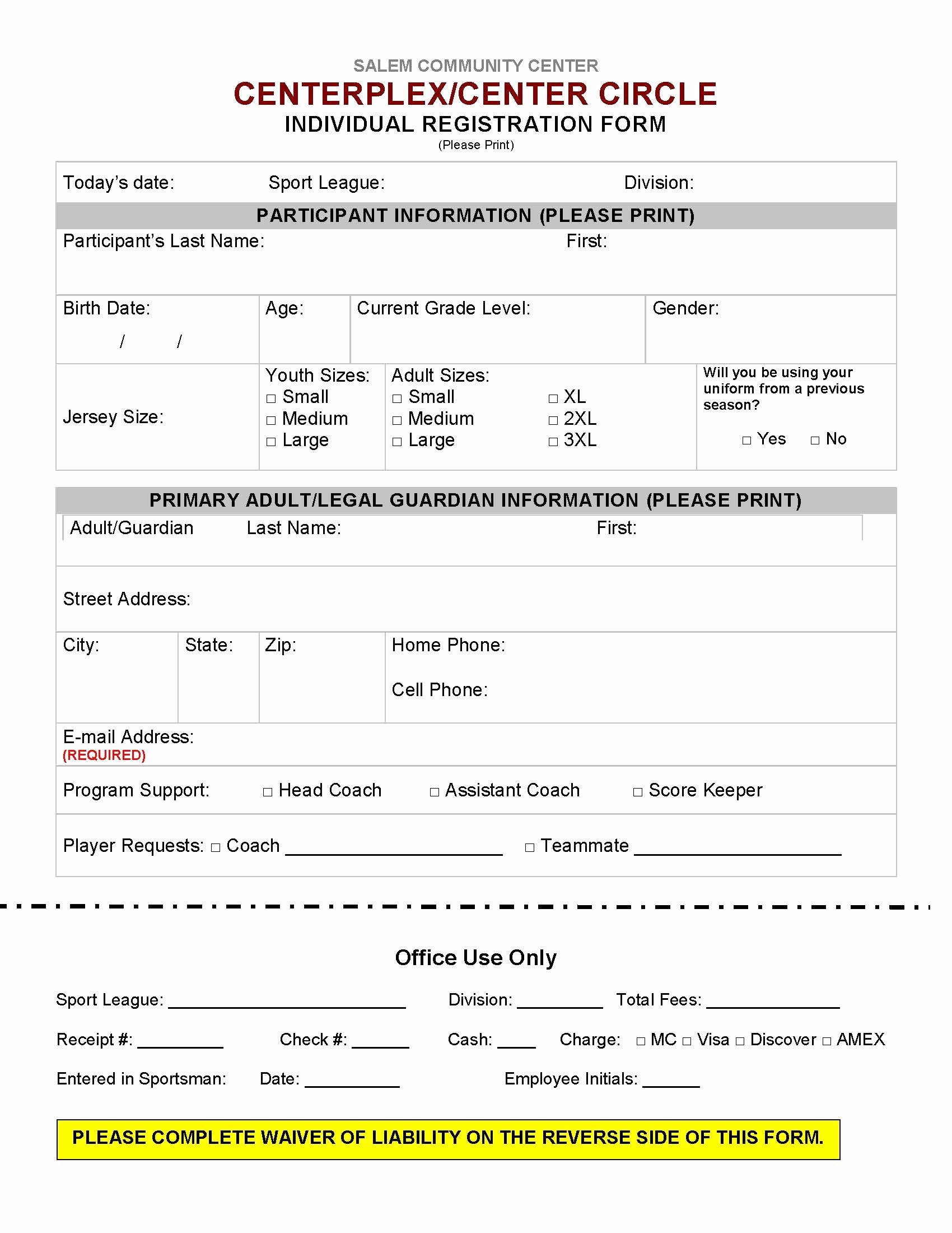 Baseball Registration form Template Awesome Salem Munity Center Individual Sports Registration
