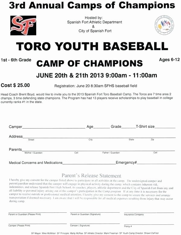 Baseball Registration form Template Beautiful Annual Camp Of Champions Baseball Player Registration form