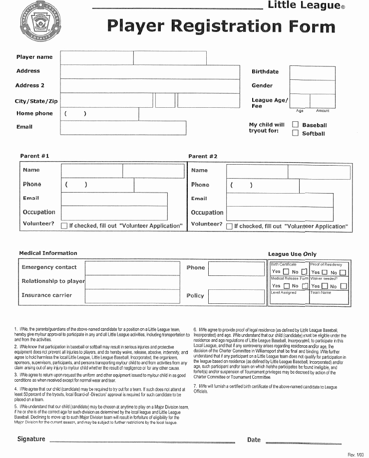 Baseball Registration form Template Unique Colo Nesco Recreation