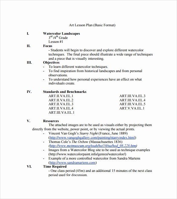 Basic Lesson Plan Template Word Best Of Sample Art Lesson Plan 8 Pdf Word format