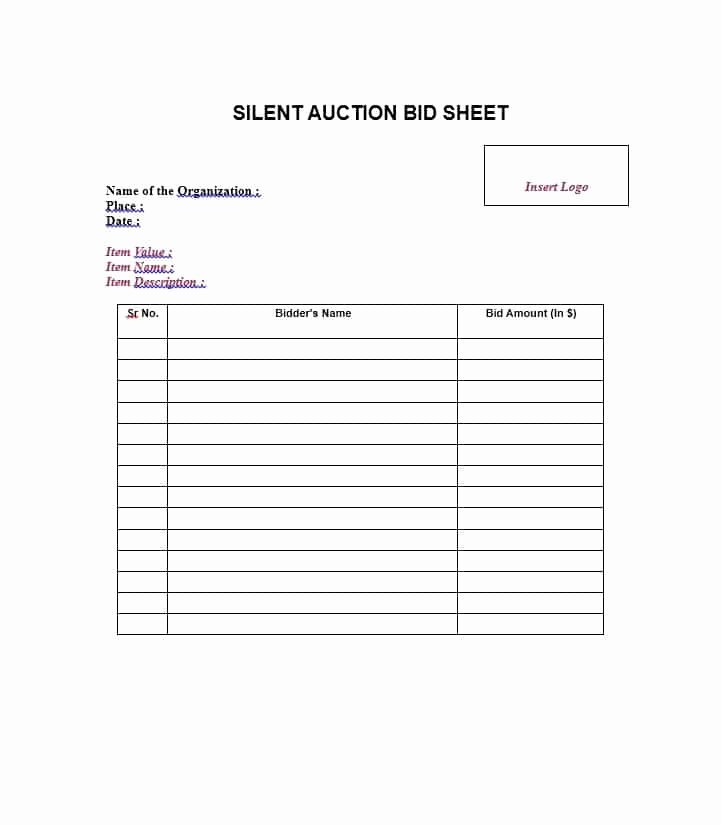 Bid form Template Free Awesome 40 Silent Auction Bid Sheet Templates [word Excel]