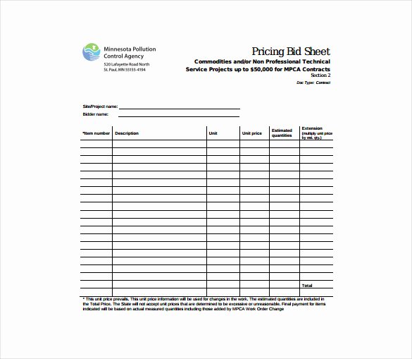 Bid form Template Free Beautiful Bid Sheet Template 14 Free Sample Example format