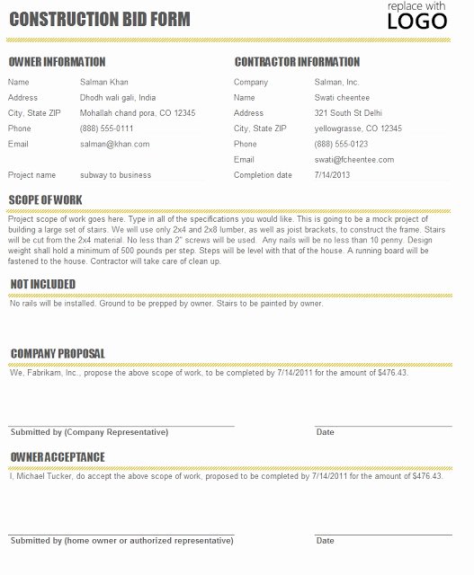 Bid form Template Free Fresh Construction Bid form Template Sample