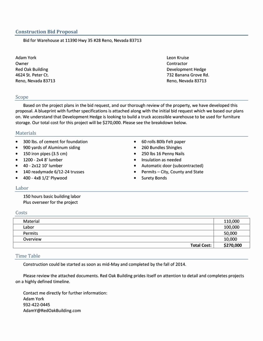 Bid form Template Free Fresh Construction Proposal Template