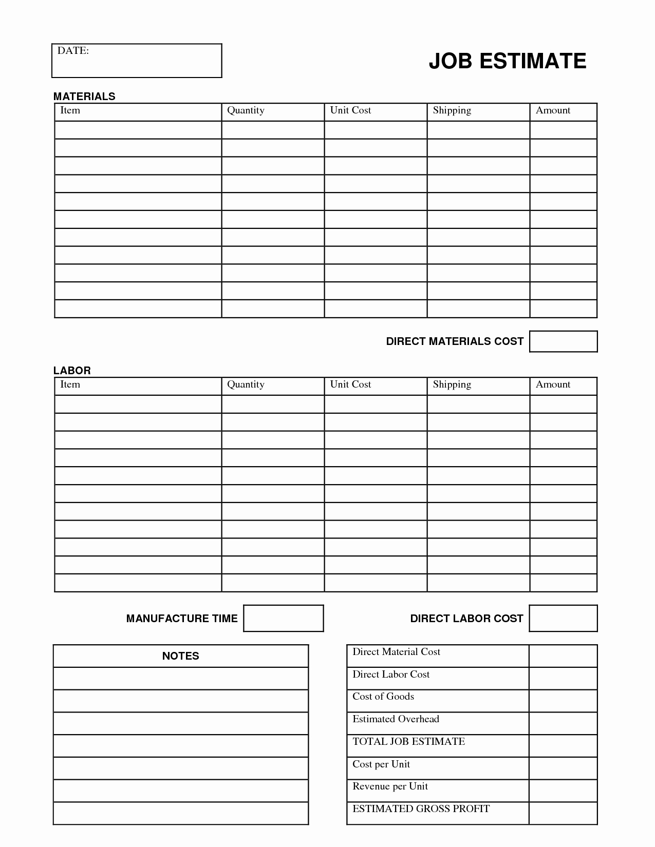 Bid form Template Free Inspirational Printable Job Estimate forms