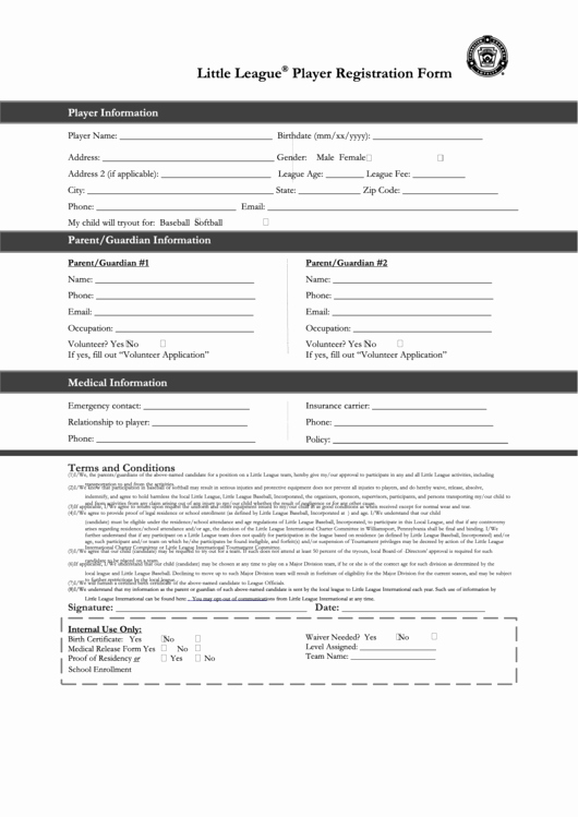 Blank Registration form Template Beautiful Fillable Little League Baseball Player Registration form