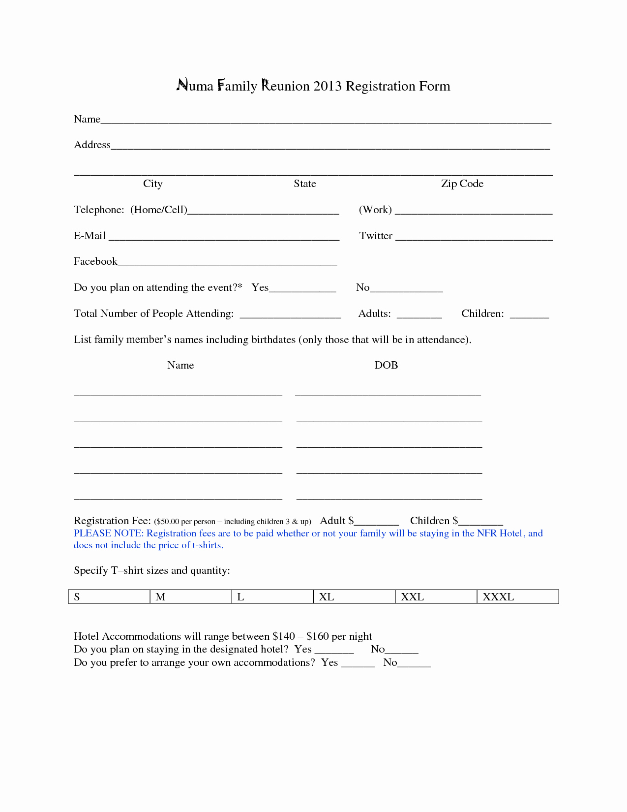 Blank Registration form Template Best Of Family Reunion Registration form Template