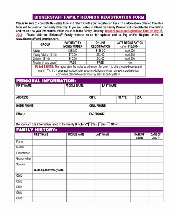 Blank Registration form Template Best Of Free 8 Sample Family Reunion Registration forms In Pdf