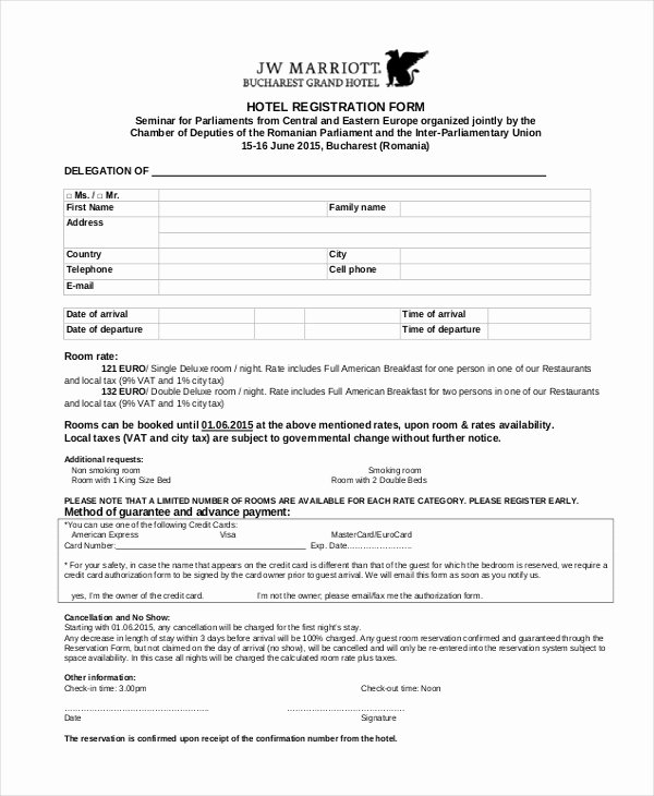Blank Registration form Template Luxury Free 9 Sample Hotel Registration forms