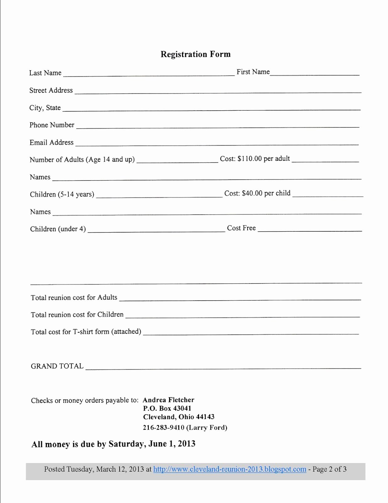 Blank Registration form Template Unique Family Reunion Registration form