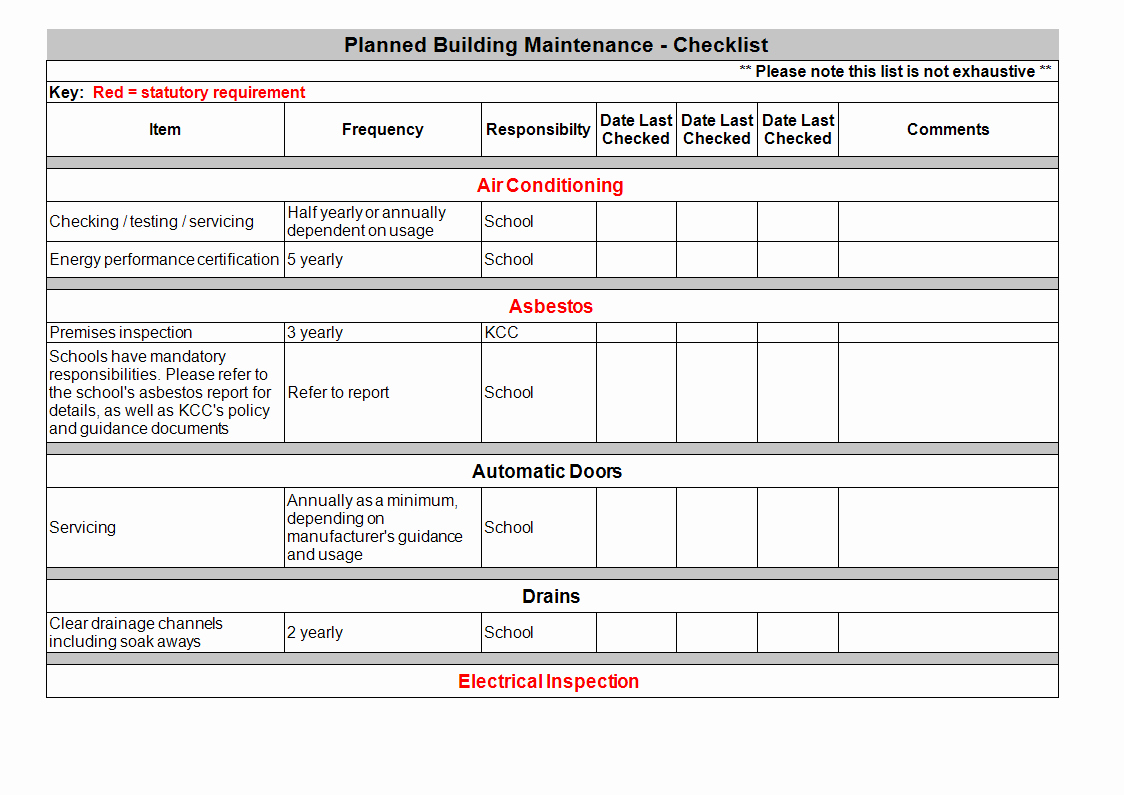 Building Maintenance Schedule Template New Building Maintenance Checklist