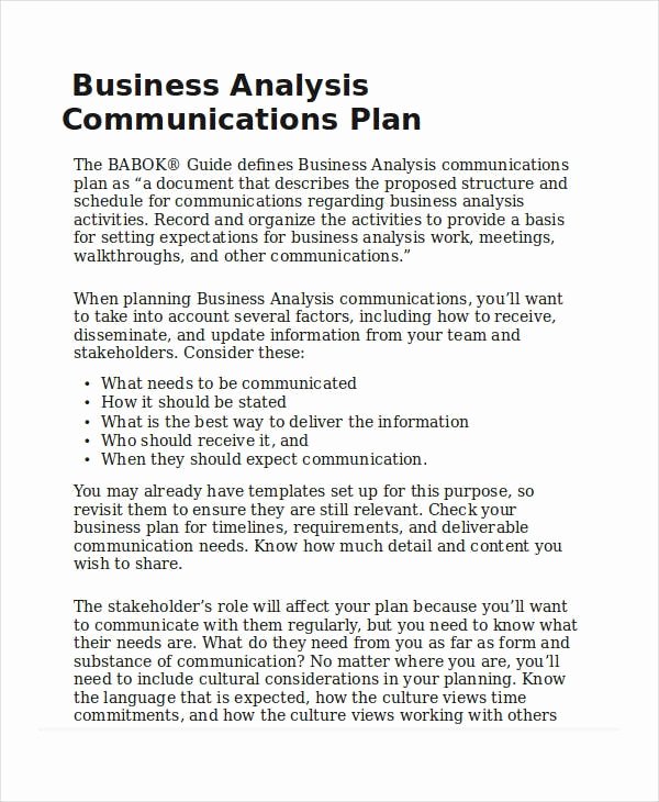 business analyst munication plan template