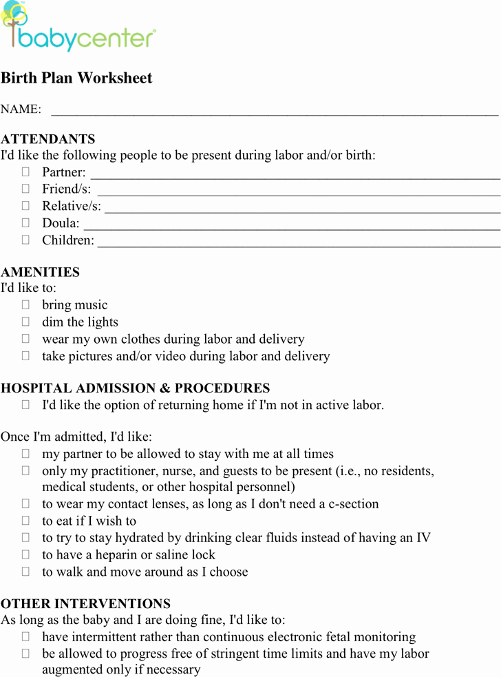 C Section Birth Plan Template Elegant Free Birth Plan Worksheet Pdf 144kb