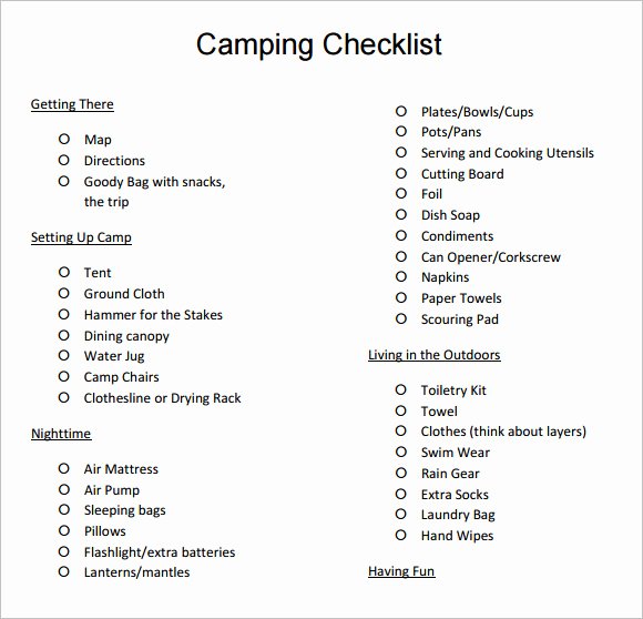 sample camping checklist