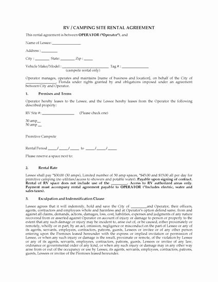 Campground Business Plan Template Fresh Florida Rv Camping Site Rental Agreement