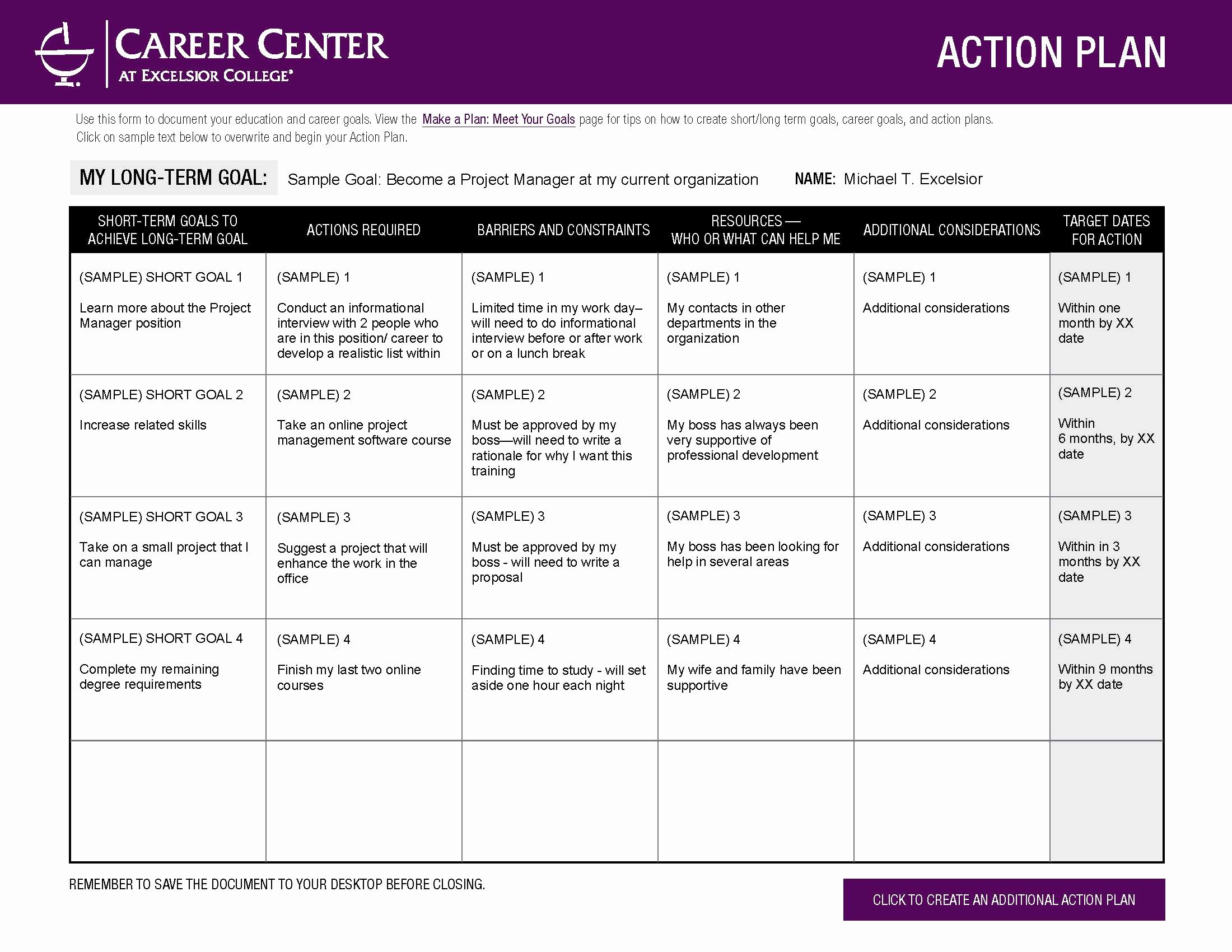 Career Action Plan Template Awesome Excelsior College Make A Plan Meet Your Goals Career