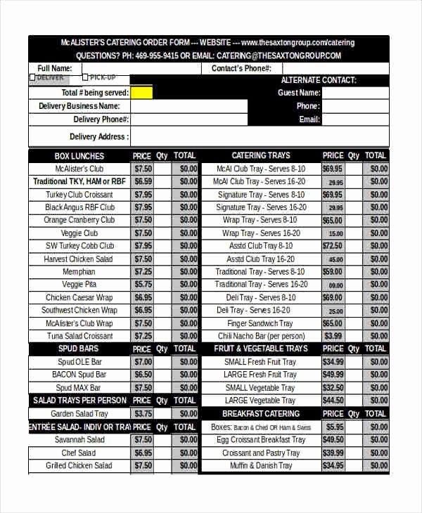 sample catering order form