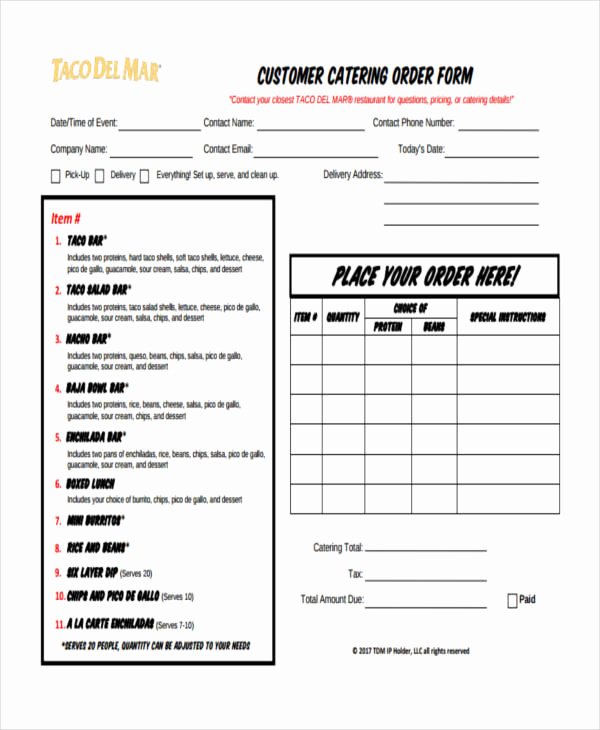 Catering order form Template Free Beautiful Free 9 Catering order form In Sample Example format