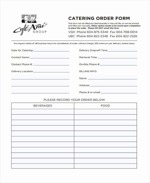 Catering order form Template Free New Free 9 Catering order form In Sample Example format