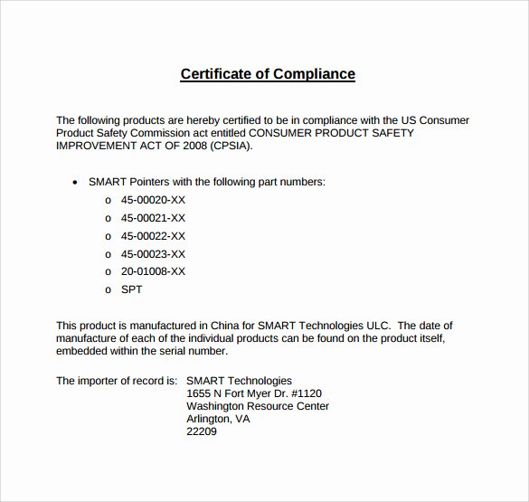 certificate of pliance template