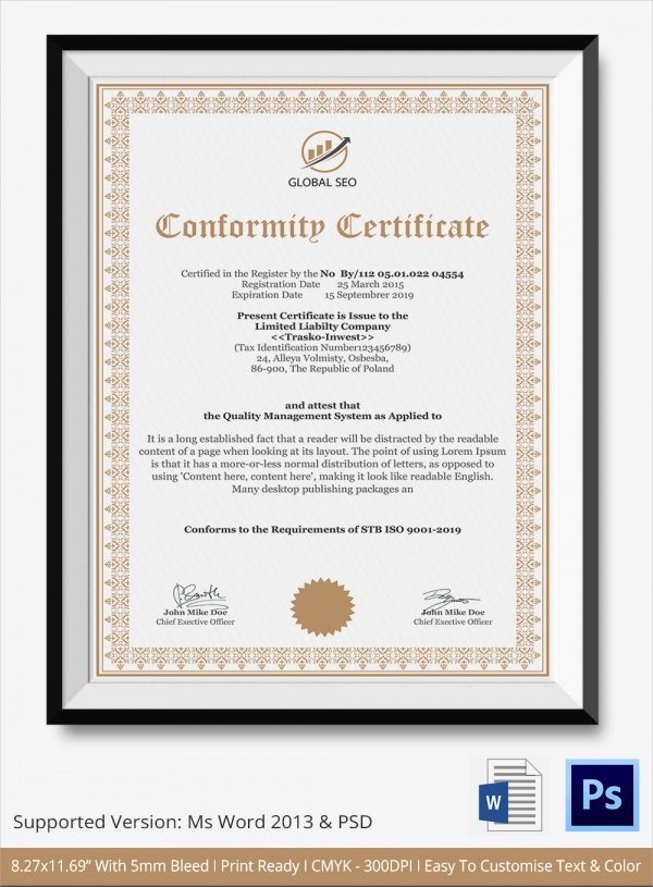 Certificate Of Conformity Template Inspirational Sample Certificate Of Conformance 23 Documents In Pdf