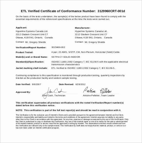 Certificate Of Conformity Template Inspirational Sample Certificate Of Conformance 23 Documents In Pdf