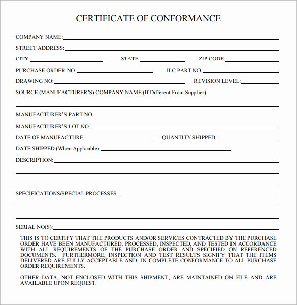 Certificate Of Conformity Template New Certificate Conformance