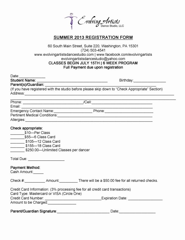 Cheerleading Registration form Template Elegant Eads Summer Registration form 2013 Dance Summer