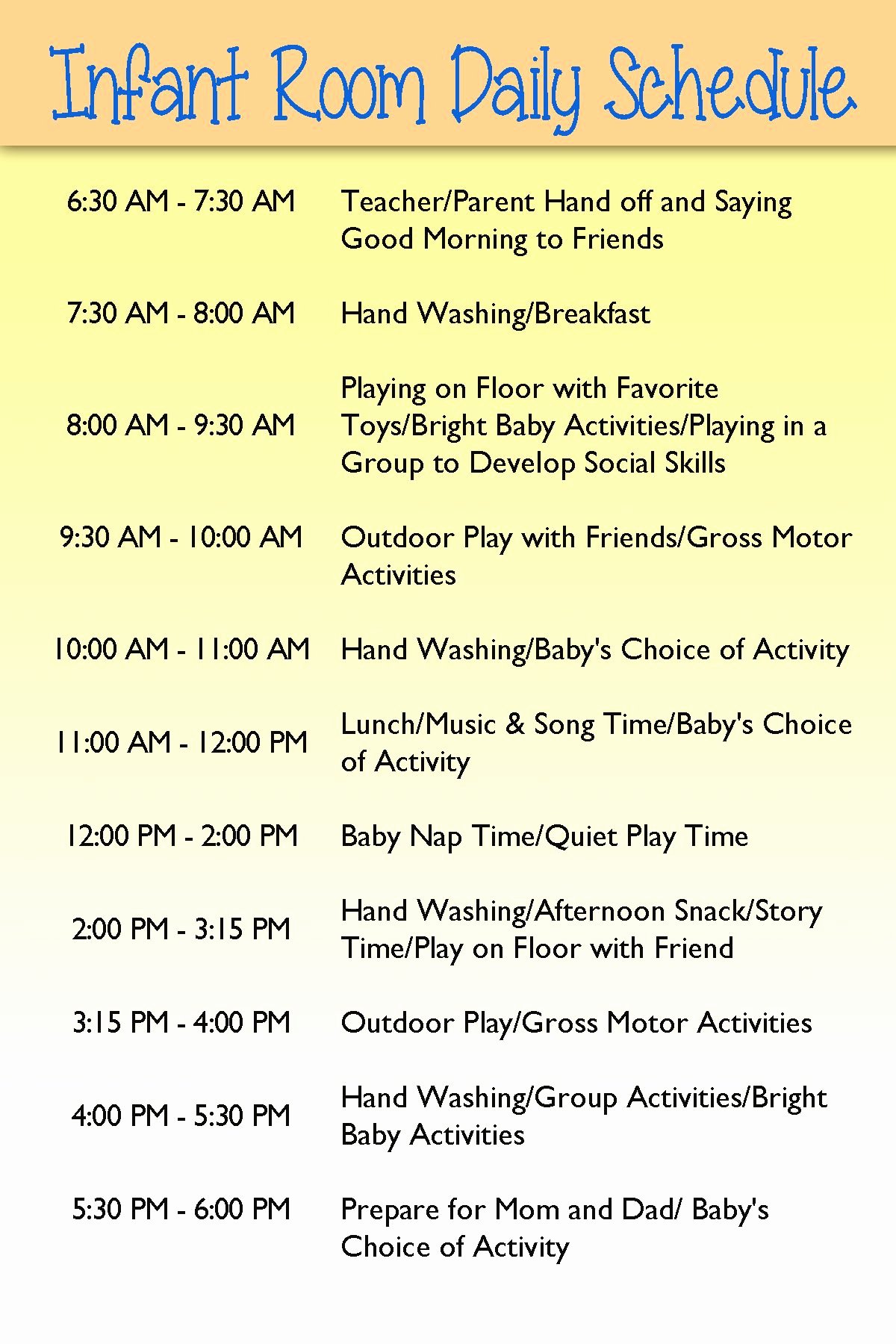 Child Care Schedule Template Beautiful Infant Day Care Schedule Infants