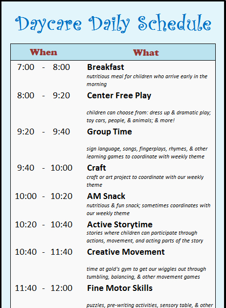 Child Care Schedule Template Beautiful Learning Zone Daycare Schedule