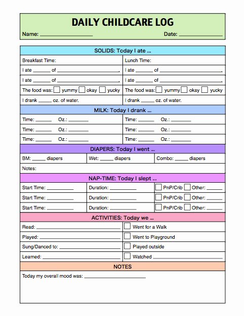 Child Care Schedule Template Lovely Daily Childcare Log for Infants and toddlers Caregiver