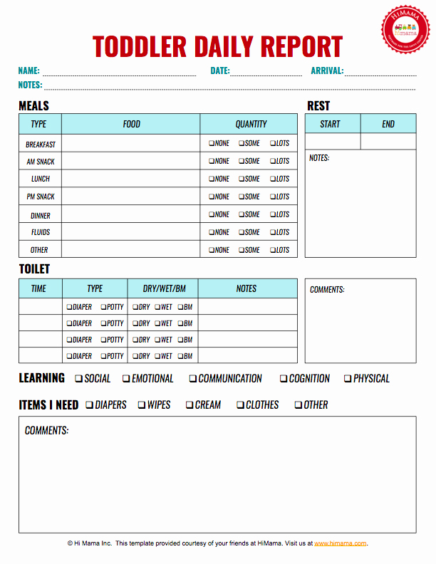Child Care Schedule Template New toddler Daily Report 1 Per Page