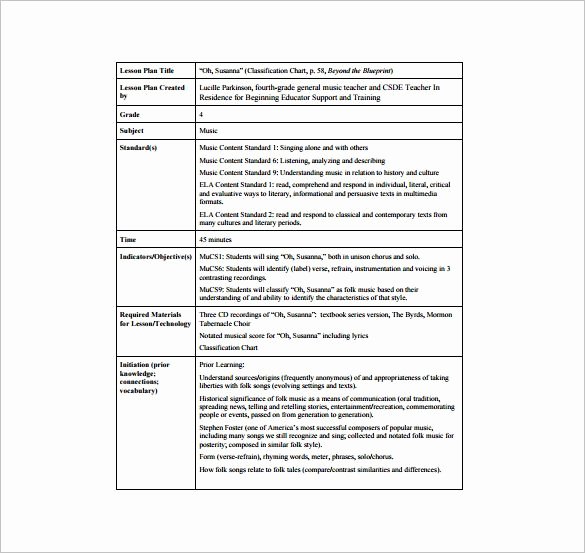 Choir Lesson Plan Template Fresh Music Lesson Plan Template – 8 Free Sample Example