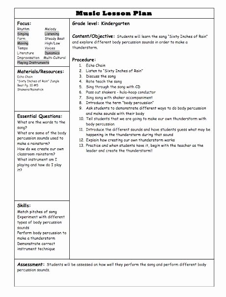 Choir Lesson Plan Template Lovely Kindergarten Lesson Plan Education