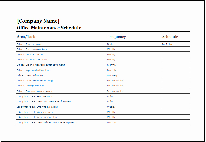 Cleaning Schedule Template Excel Elegant Fice Maintenance Schedule Template Ms Excel