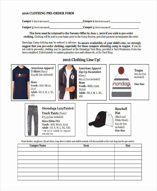 clothing order form