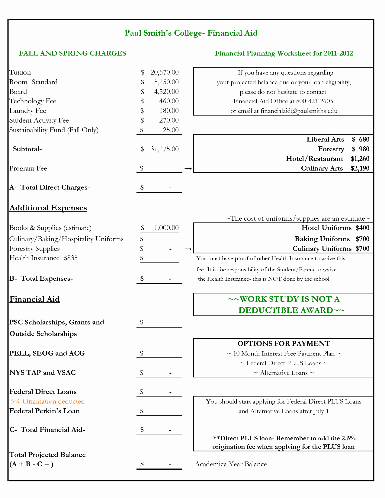 post college planning worksheet