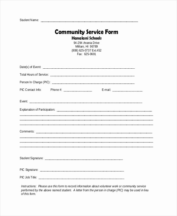 Community Service Hours form Template Beautiful Free 23 Sample Service forms